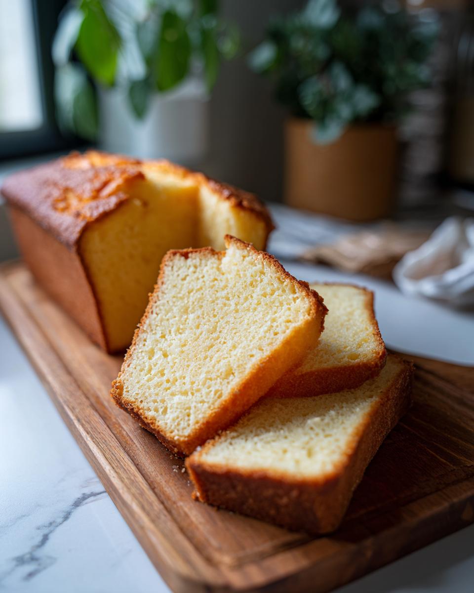 Close-up of three moist slices of golden pound cake stacked on a wooden board, with the rest of the loaf in the background.