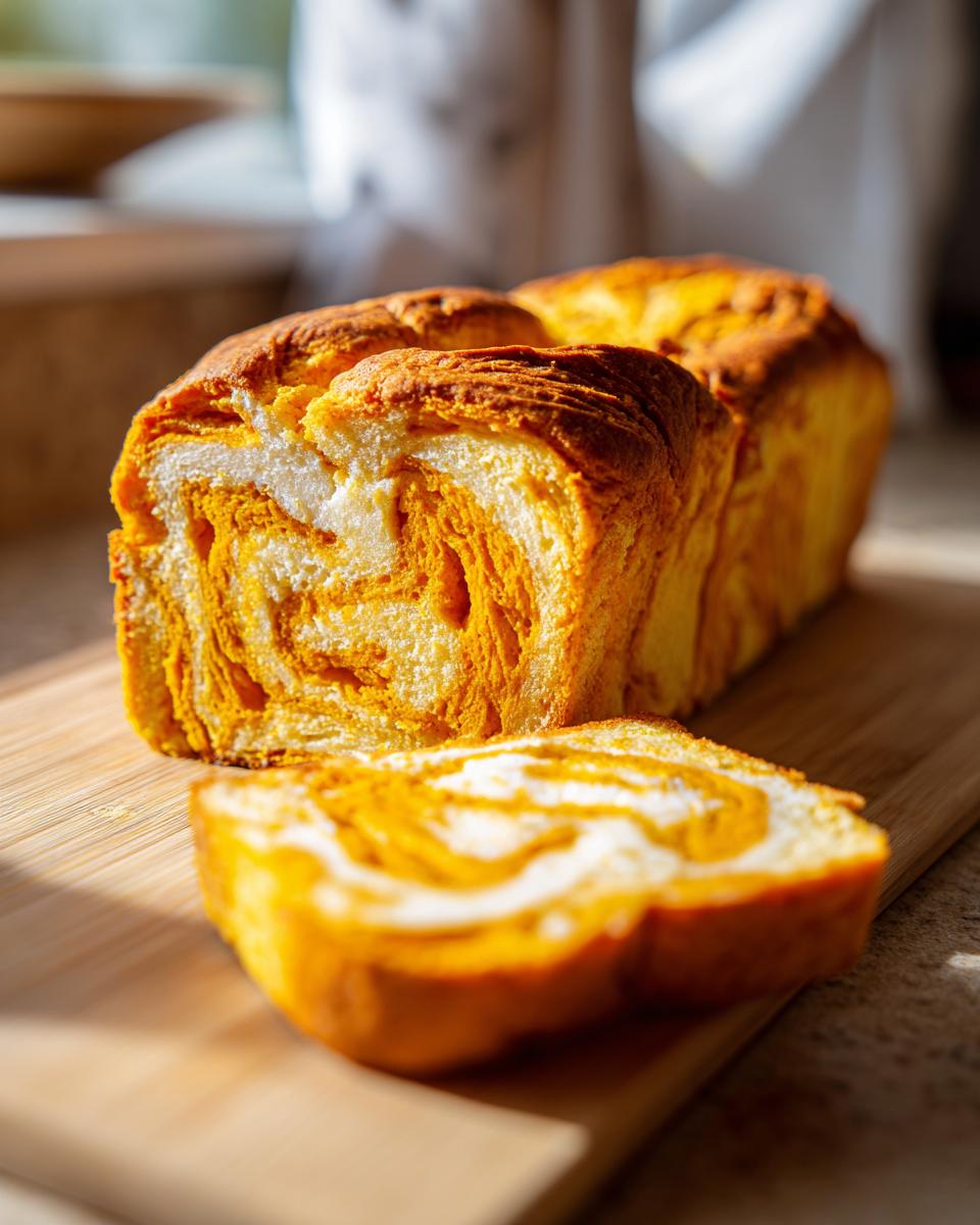 A slice of Pumpkin Cream Cheese Swirl Bread showing the beautiful orange pumpkin and white cream cheese swirls.