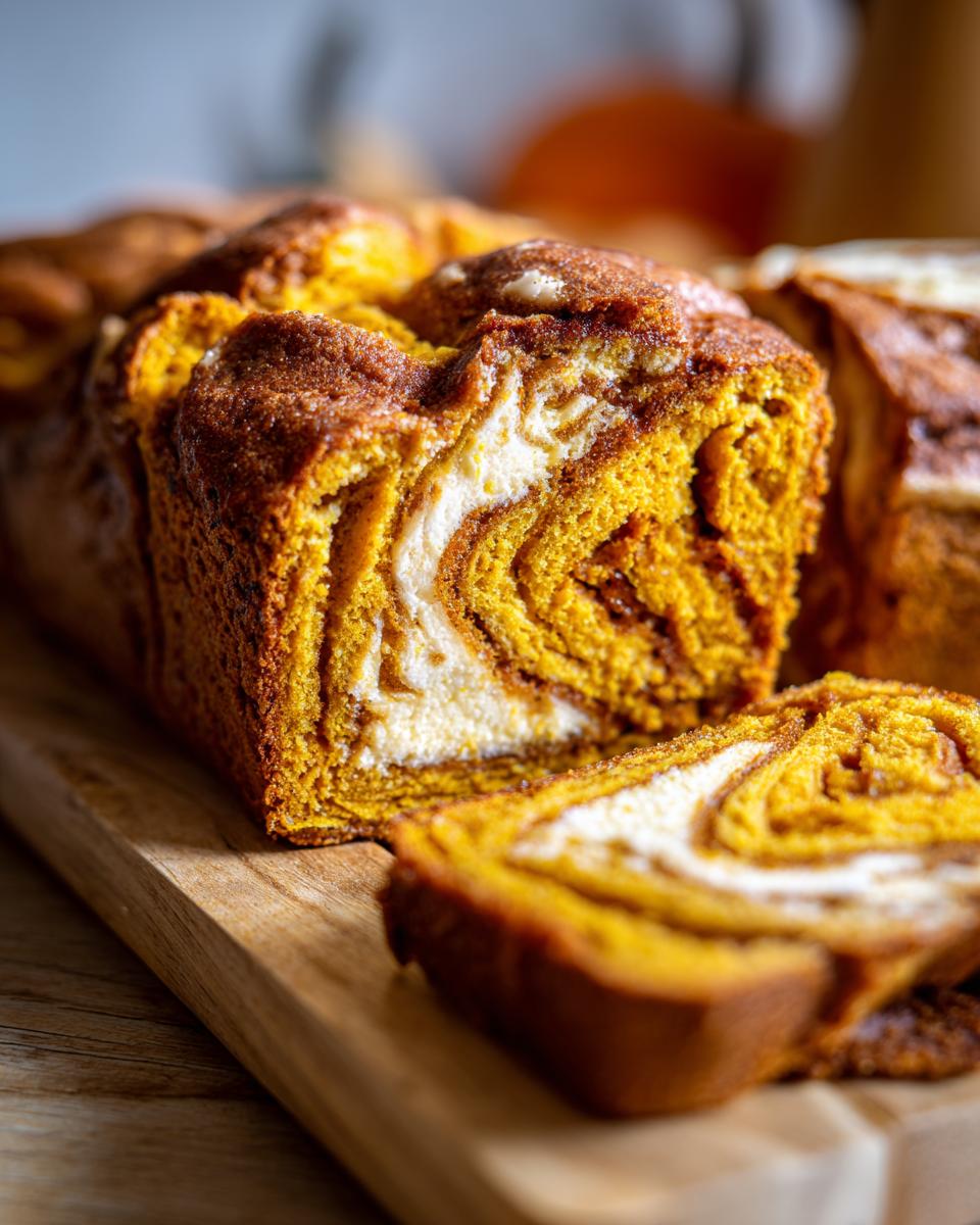 A close-up of a slice of Pumpkin Cream Cheese Swirl Bread, showcasing the beautiful orange pumpkin layers and creamy white swirls.