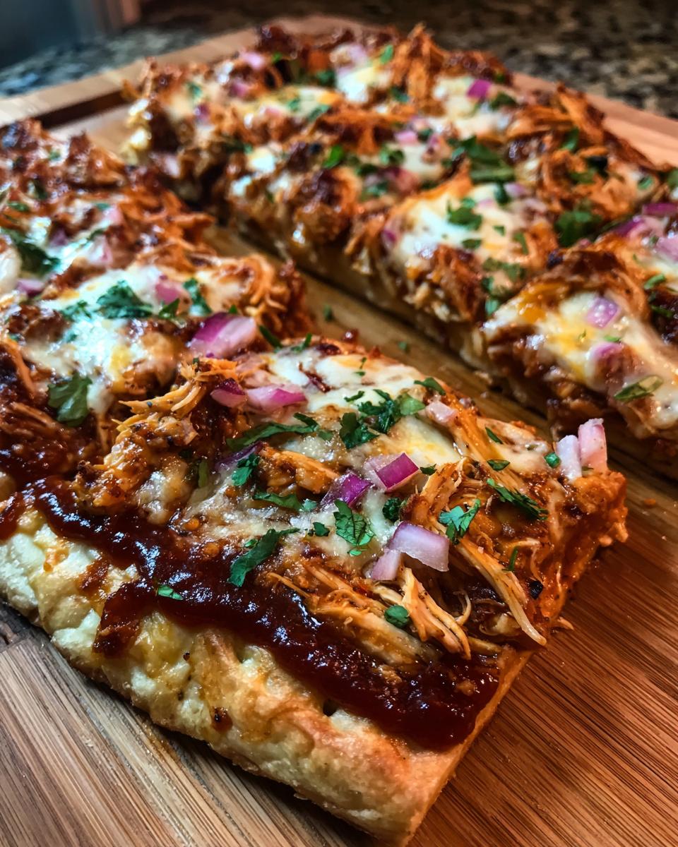A close-up of a slice of Quick Bbq Chicken Flatbread, topped with shredded chicken, melted cheese, red onion, and cilantro.