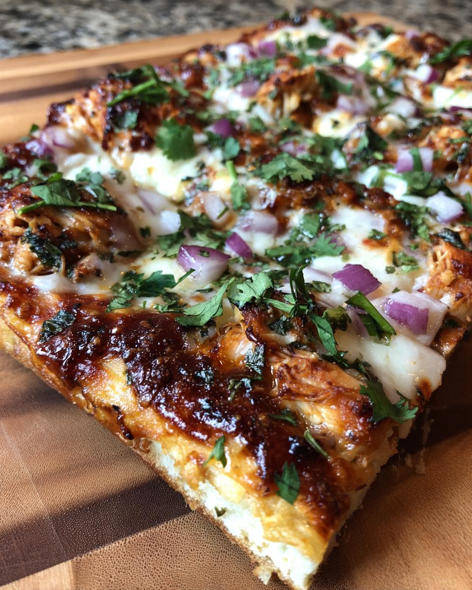 A close-up of a slice of Quick BBQ Chicken Flatbread, topped with melted cheese, red onion, and cilantro.