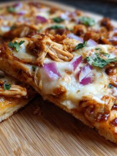 A close-up shot of a slice of Quick Bbq Chicken Flatbread, showing shredded chicken, melted cheese, red onion, and cilantro.