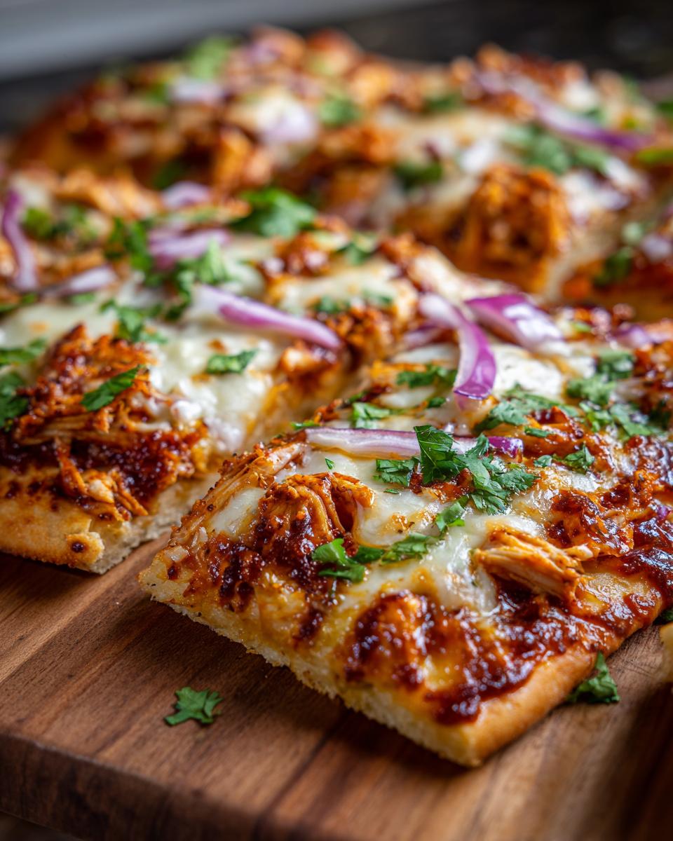 Close-up of a slice of Quick BBQ Chicken Flatbread topped with melted cheese, shredded chicken, red onion, and cilantro.