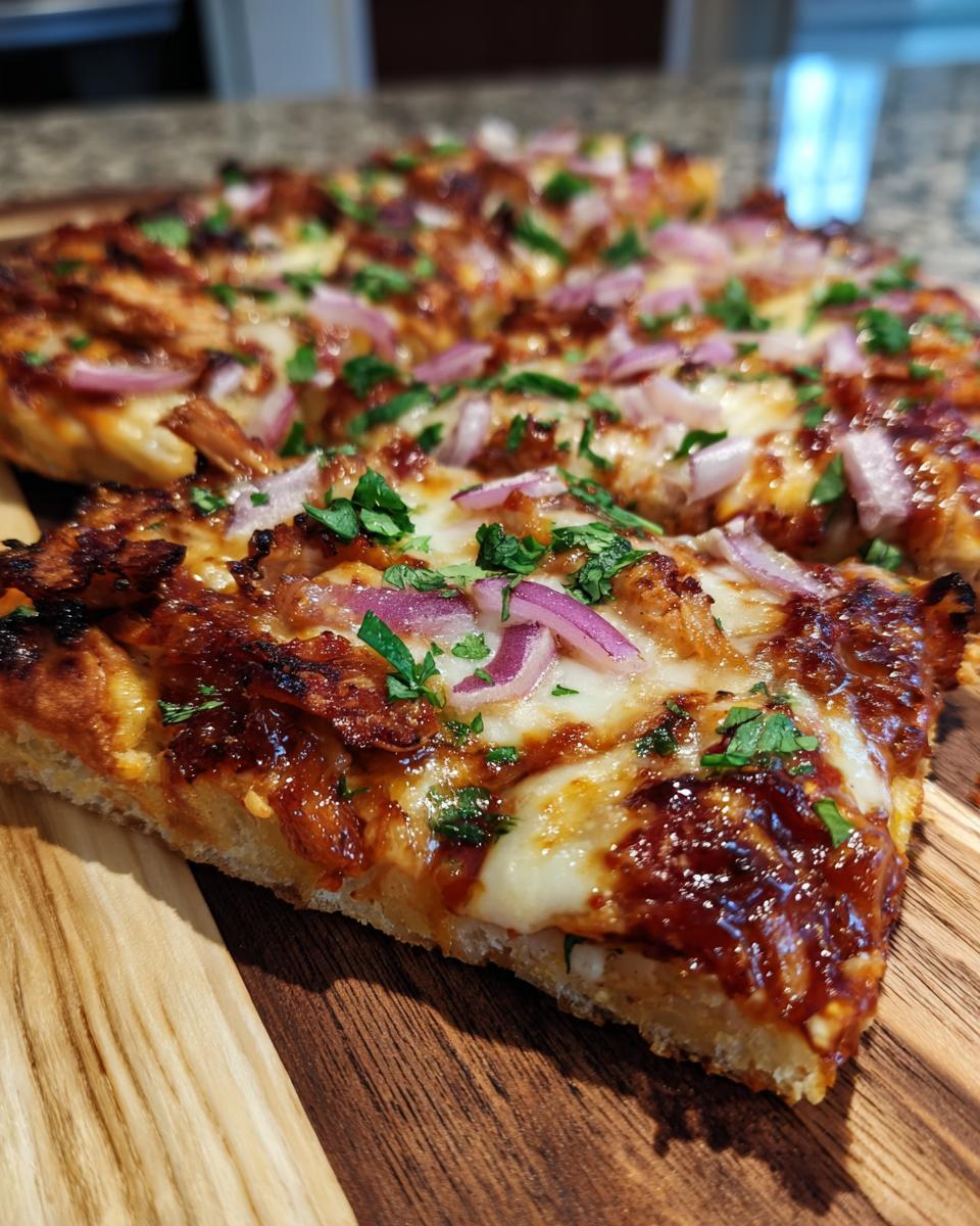 A close-up of a slice of Quick Bbq Chicken Flatbread, topped with melted cheese, red onions, and parsley.