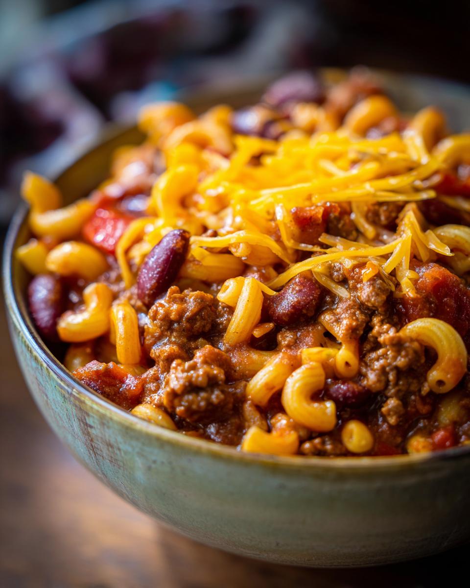 A close-up of a bowl filled with Quick Chili Mac With Ground Beef, topped with shredded cheese.