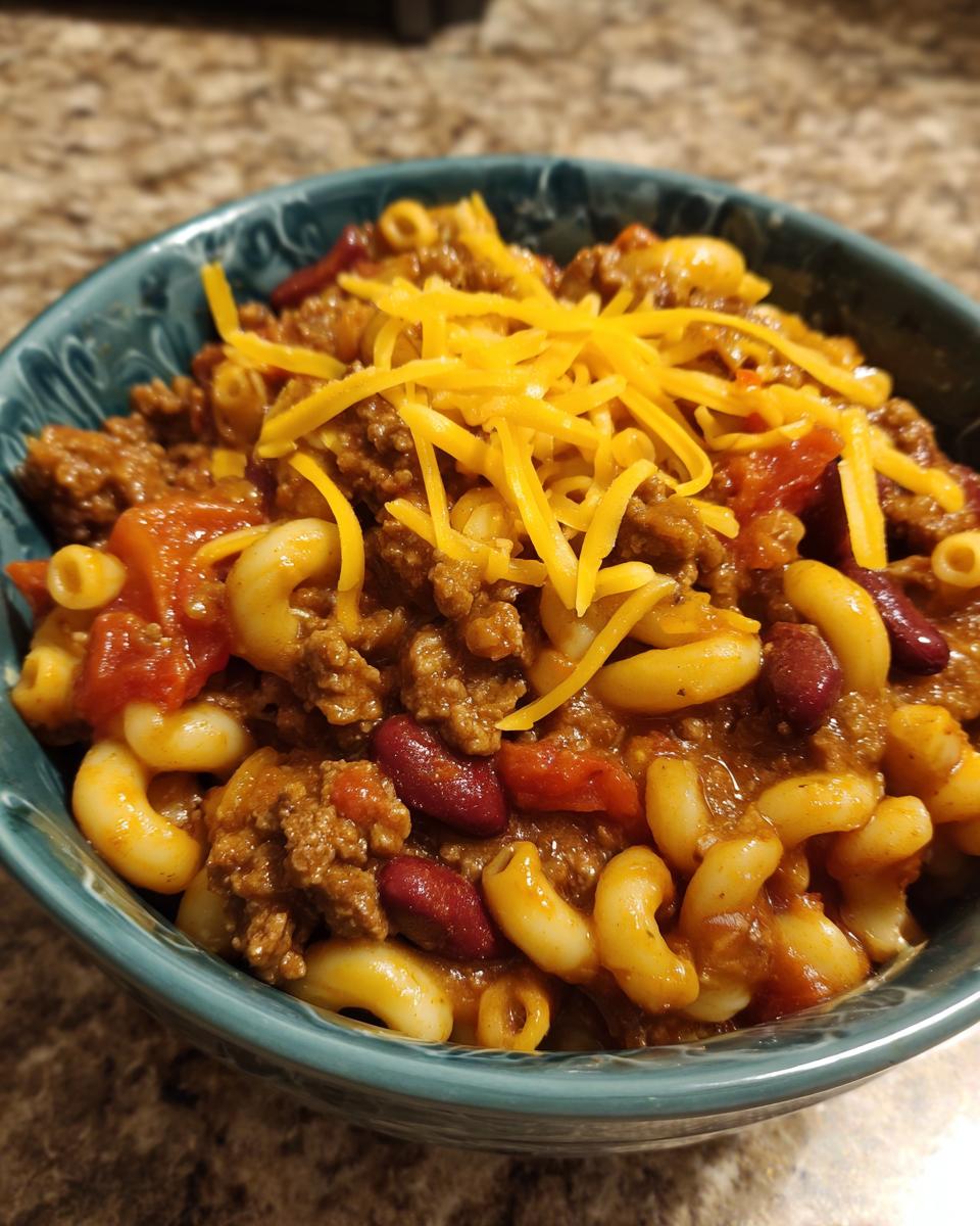 A bowl of Quick Chili Mac With Ground Beef topped with shredded cheddar cheese.