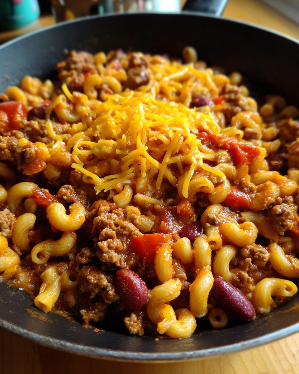 Close-up of a pan filled with Quick Chili Mac With Ground Beef, topped with shredded cheese.