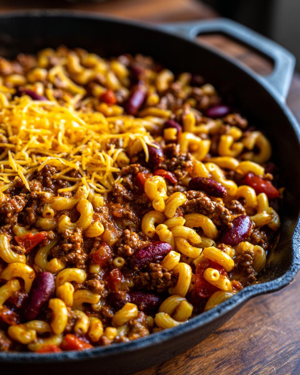 Close-up of Quick Chili Mac With Ground Beef in a cast iron skillet, topped with shredded cheese.