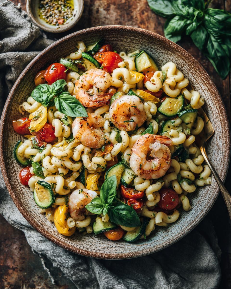 A bowl of Quick Pasta Salad With Veggies featuring pasta, shrimp, cherry tomatoes, zucchini, and basil.
