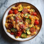 A vibrant bowl of Quick Pasta Salad With Veggies, featuring fusilli pasta, cherry tomatoes, and zucchini slices, topped with parmesan cheese.