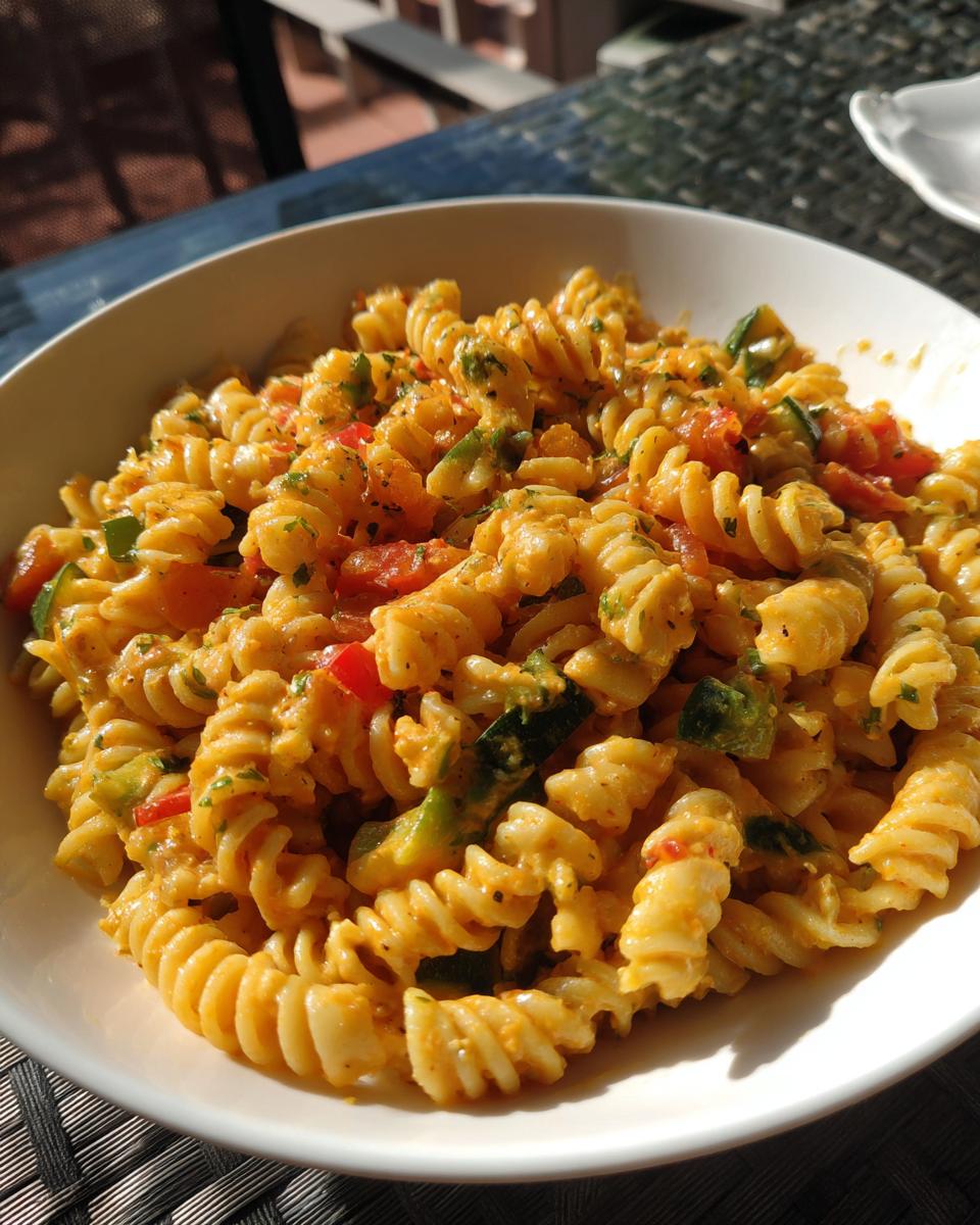 A bowl of Quick Pasta Salad With Veggies featuring rotini pasta, bell peppers, and tomatoes in a creamy sauce.