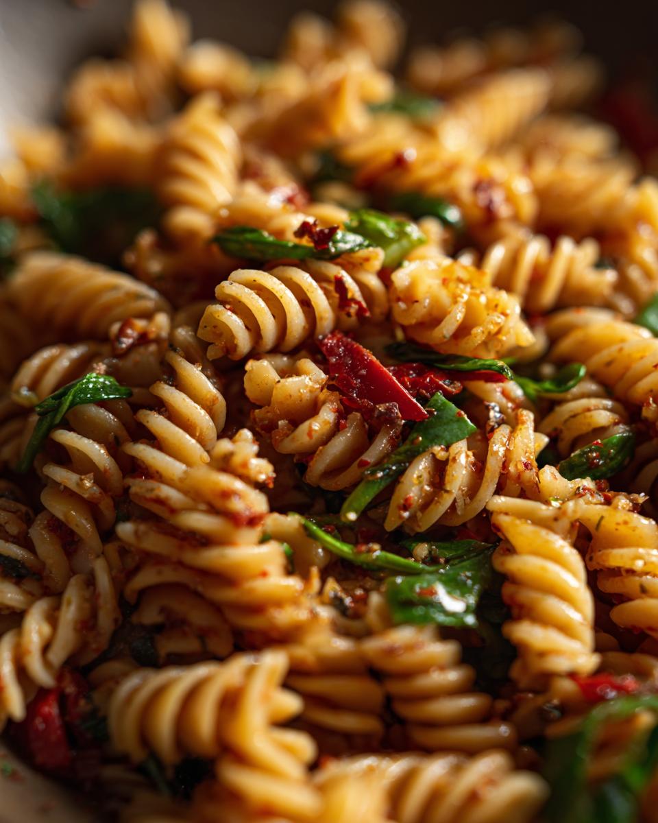 Close-up of a Quick Pasta Salad With Veggies, featuring fusilli pasta, sun-dried tomatoes, and spinach.