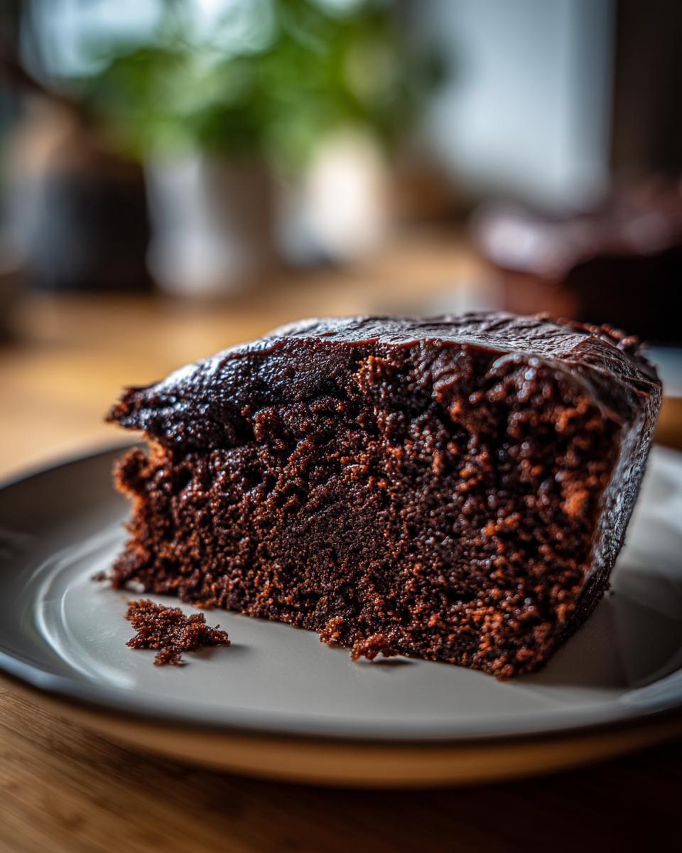 A close-up of a moist slice of rich chocolate cake with a glossy chocolate glaze, served on a plate.