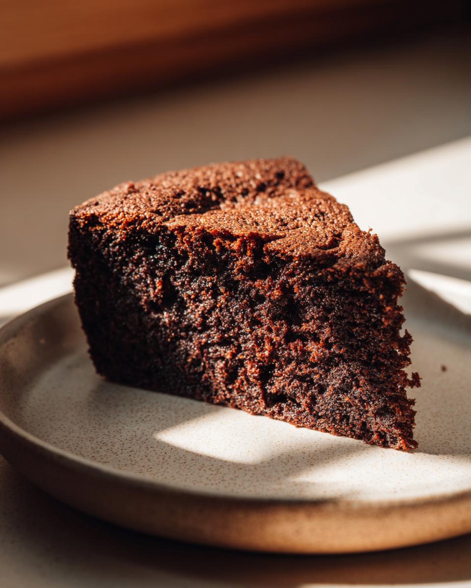 A close-up of a moist slice of rich chocolate cake on a speckled plate, bathed in warm sunlight.