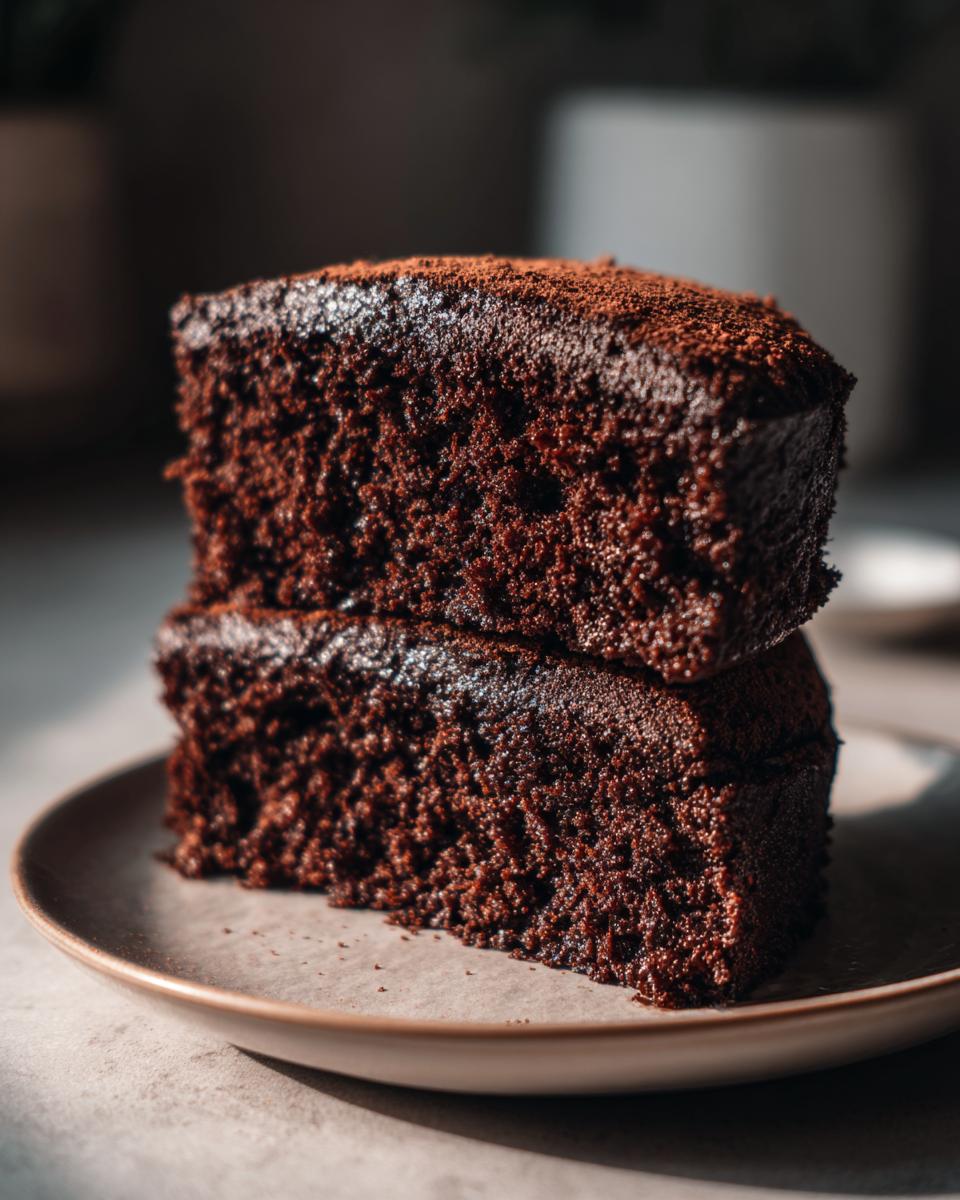 Two moist slices of rich chocolate cake stacked on a plate, dusted with cocoa powder.