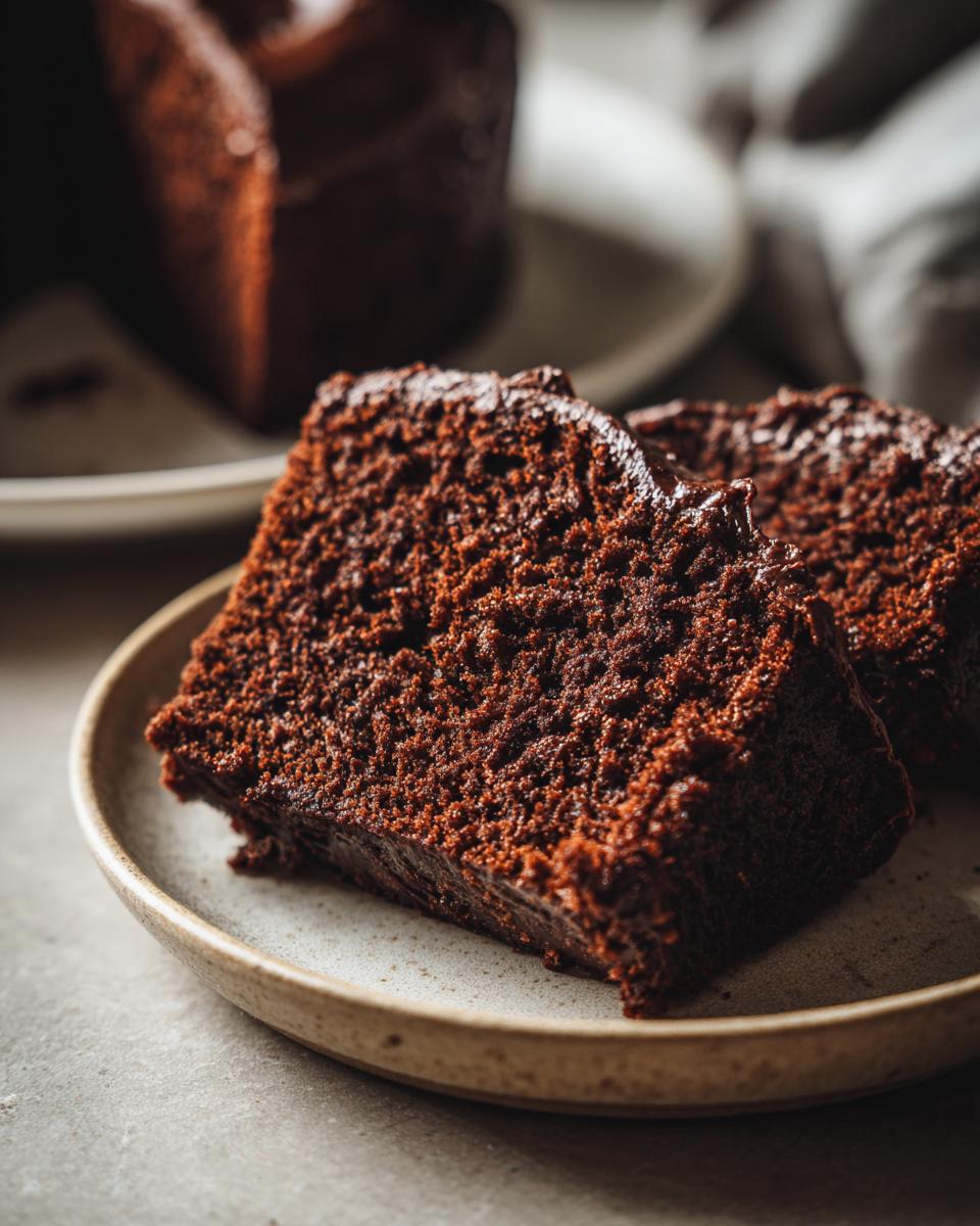 A close-up of two slices of rich chocolate cake on a plate, showcasing its moist texture.