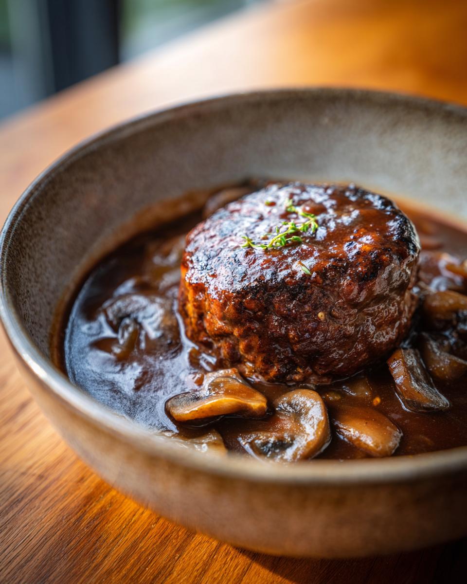 A close-up of a juicy Salisbury Steak With Gravy, served in a bowl with sliced mushrooms.