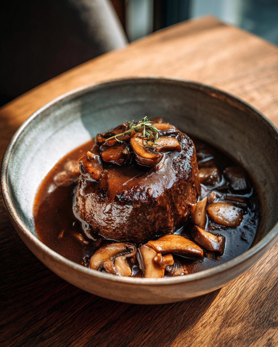 A rich Salisbury Steak With Gravy topped with mushrooms and fresh herbs in a rustic bowl.