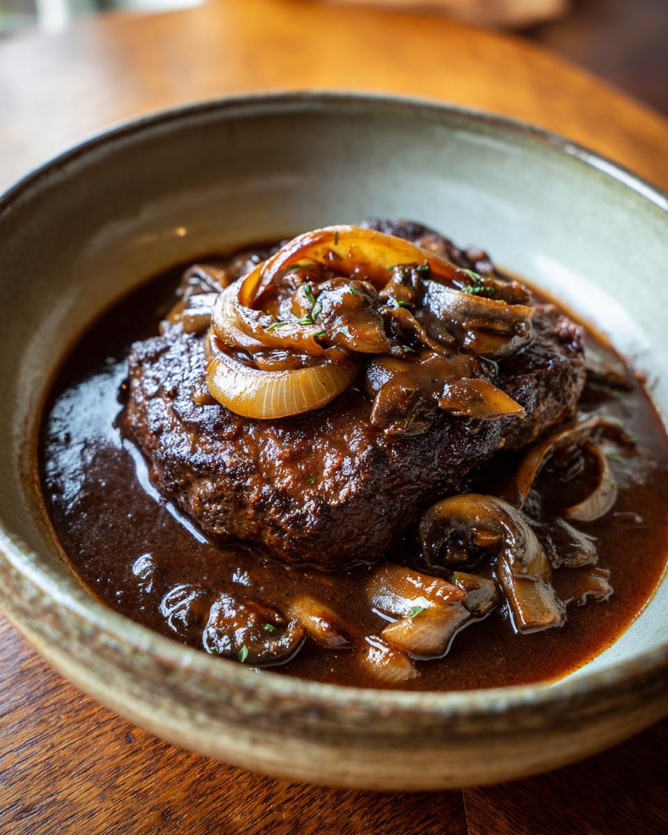 Close-up of a hearty Salisbury Steak With Gravy, topped with sautéed onions and mushrooms in a rich brown sauce.