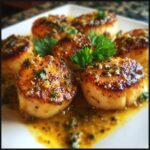 A close-up of seared scallops with spicy Cajun cream sauce, garnished with fresh parsley.