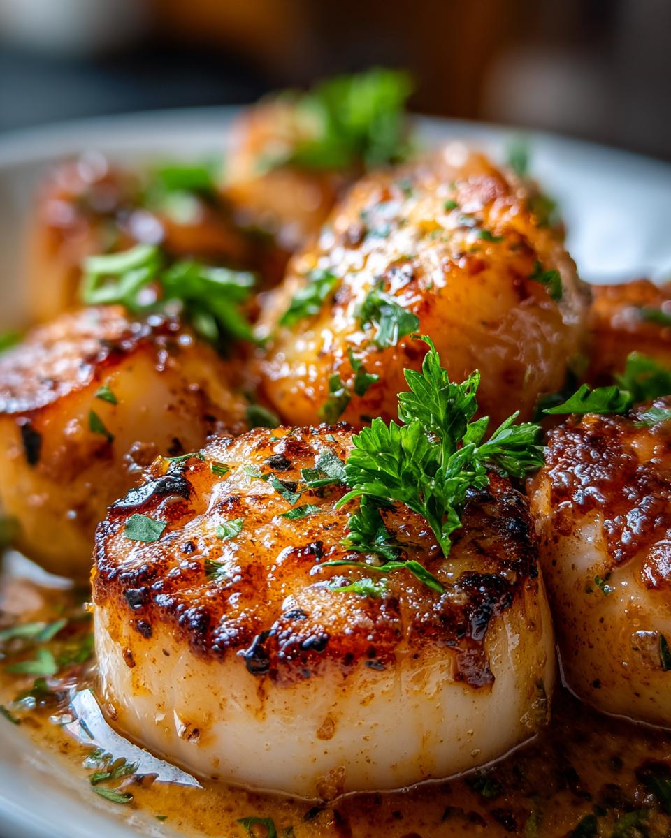 Close-up of perfectly seared scallops with a golden-brown crust, coated in a rich spicy Cajun cream sauce and garnished with fresh parsley.
