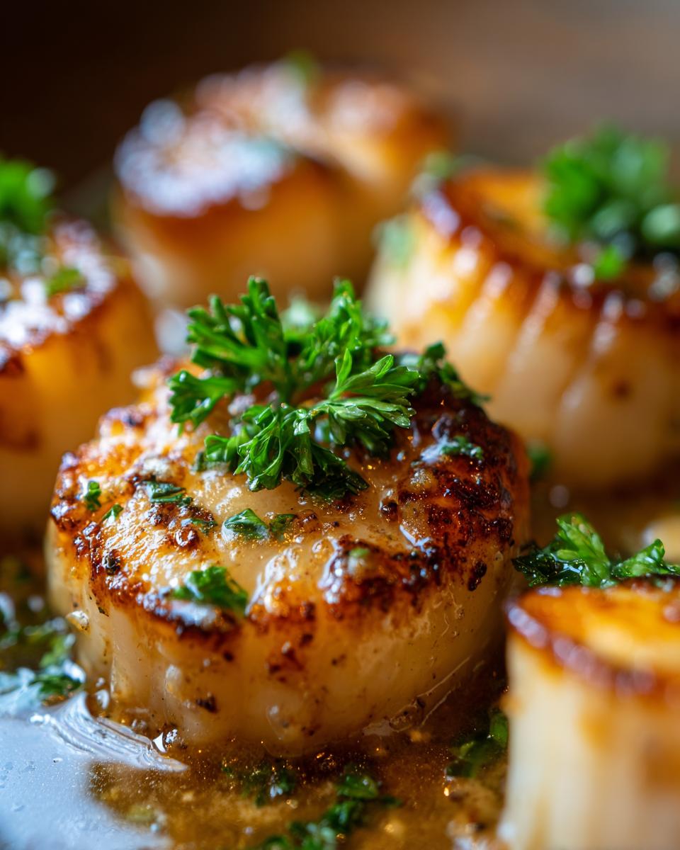 Close-up of perfectly seared scallops in a rich, spicy Cajun cream sauce, garnished with fresh parsley.