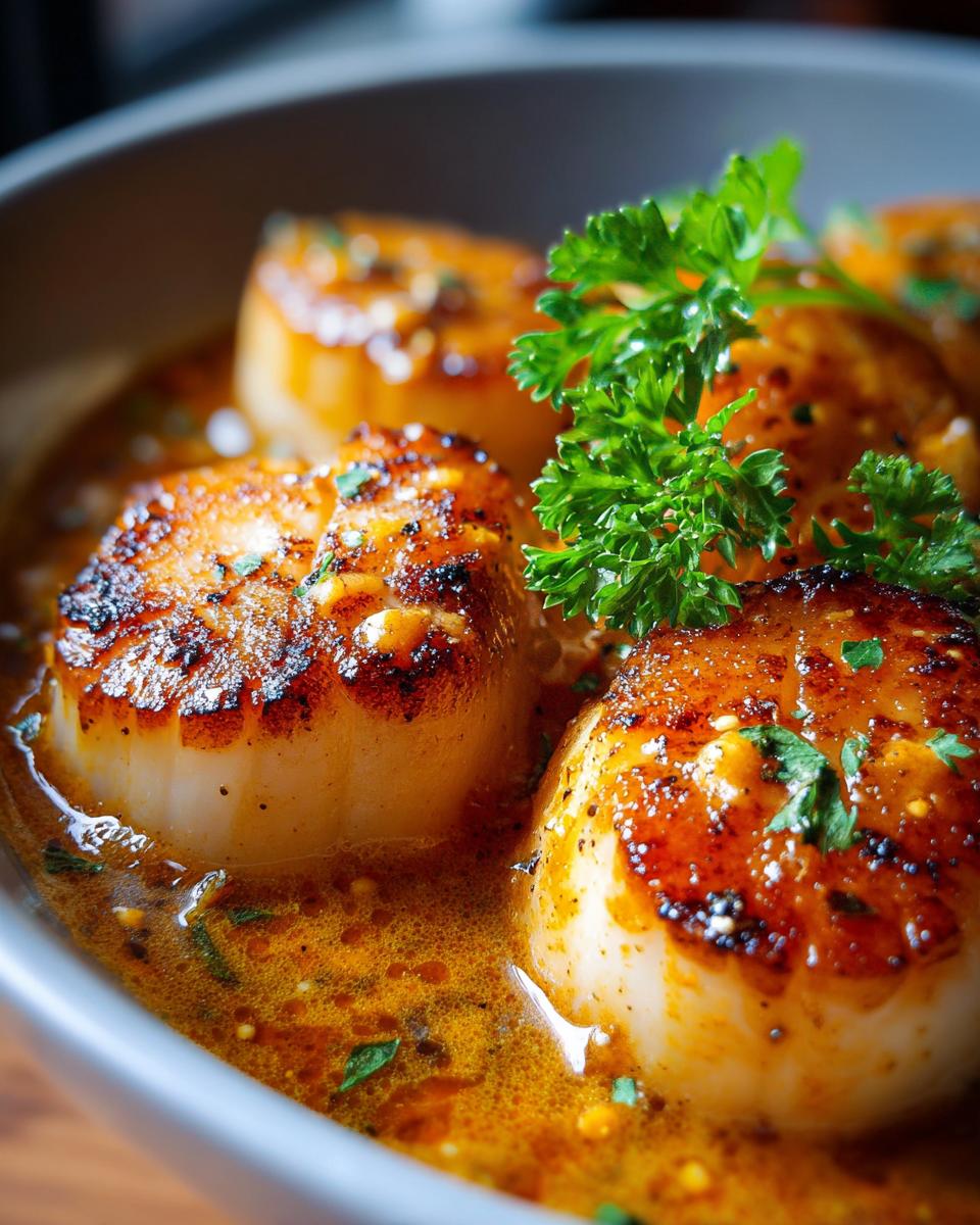Close-up of perfectly seared scallops in a rich, spicy Cajun cream sauce, garnished with fresh parsley.