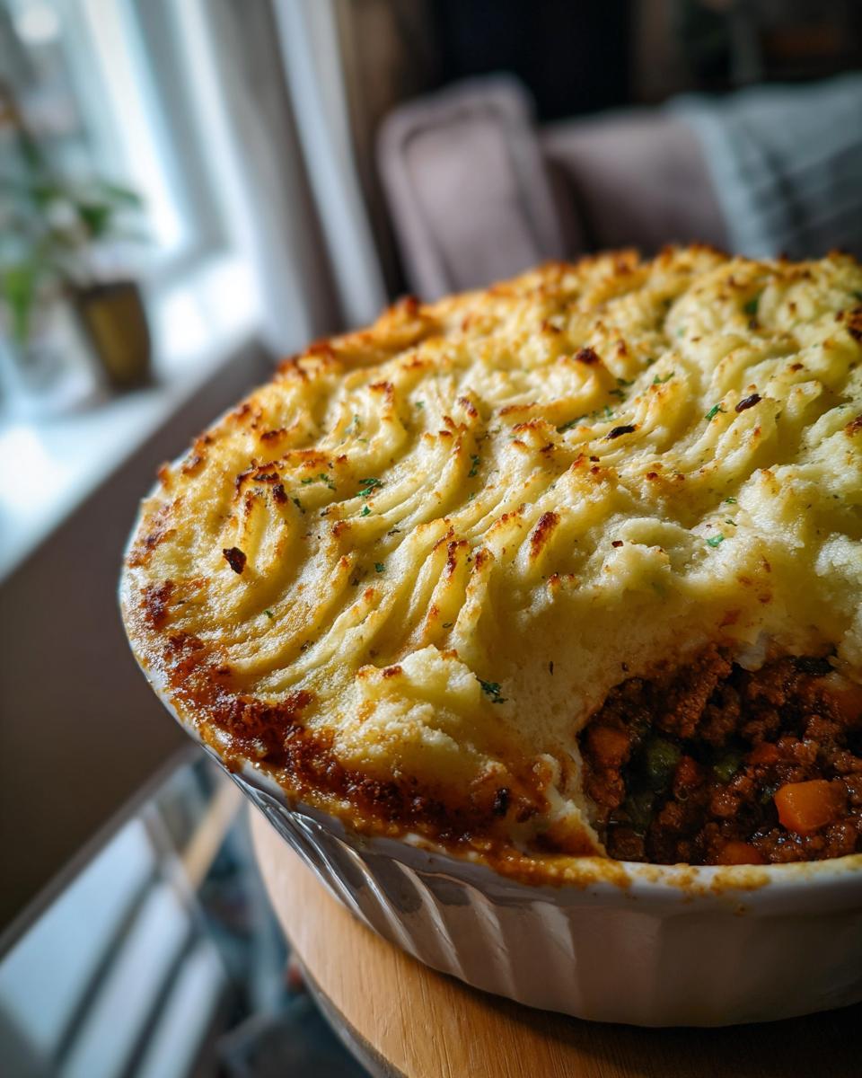 A close-up of a Shepherd's Pie in a white baking dish, featuring a golden-brown mashed potato topping with visible meat and vegetable filling.