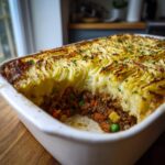 A close-up of a freshly baked Shepherd's Pie in a white baking dish, showing the golden mashed potato topping and savory meat and vegetable filling.