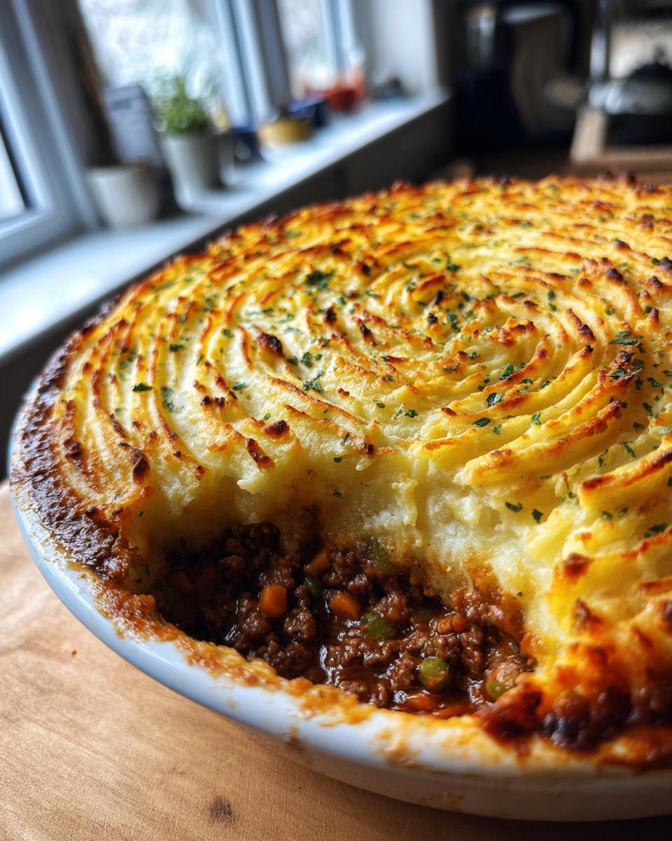 Close-up of a freshly baked Shepherd's Pie with a swirl-patterned mashed potato topping, showing the savory meat and vegetable filling underneath.