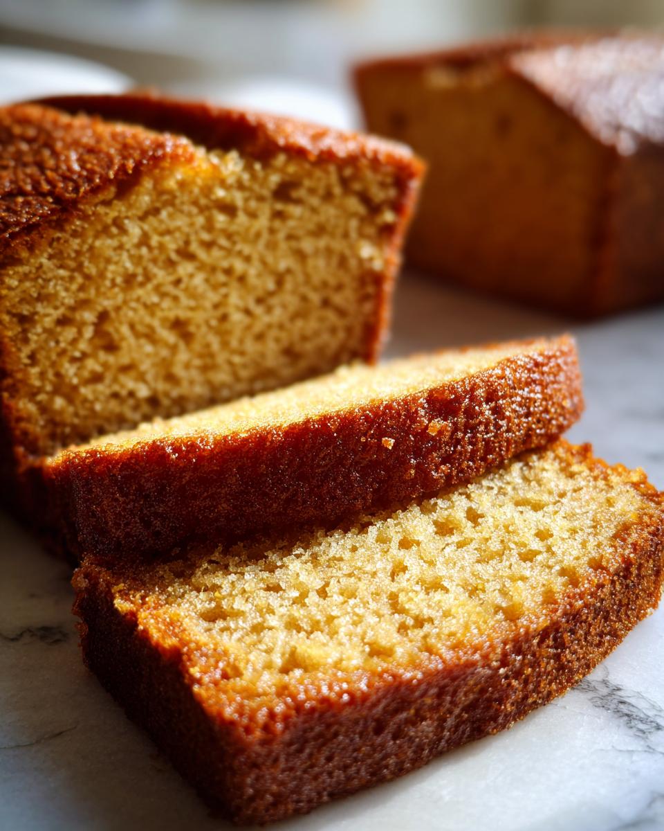 Close-up of two moist slices of Honey Cake stacked on a marble surface, with another loaf in the background.