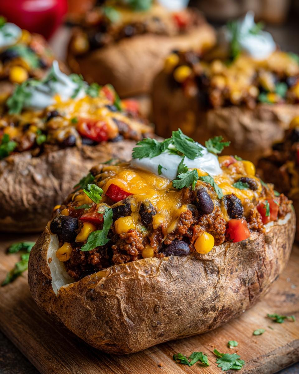 Close-up of a Southwestern Loaded Baked Potato topped with seasoned ground beef, black beans, corn, cheese, and sour cream.