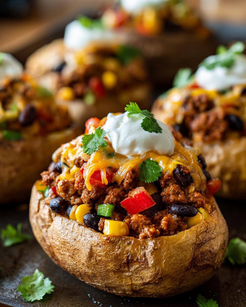 Close-up of a Southwestern Loaded Baked Potato overflowing with seasoned ground meat, black beans, corn, cheese, and sour cream.