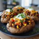 Close-up of Southwestern Loaded Baked Potatoes topped with seasoned ground meat, black beans, corn, melted cheese, sour cream, and cilantro.