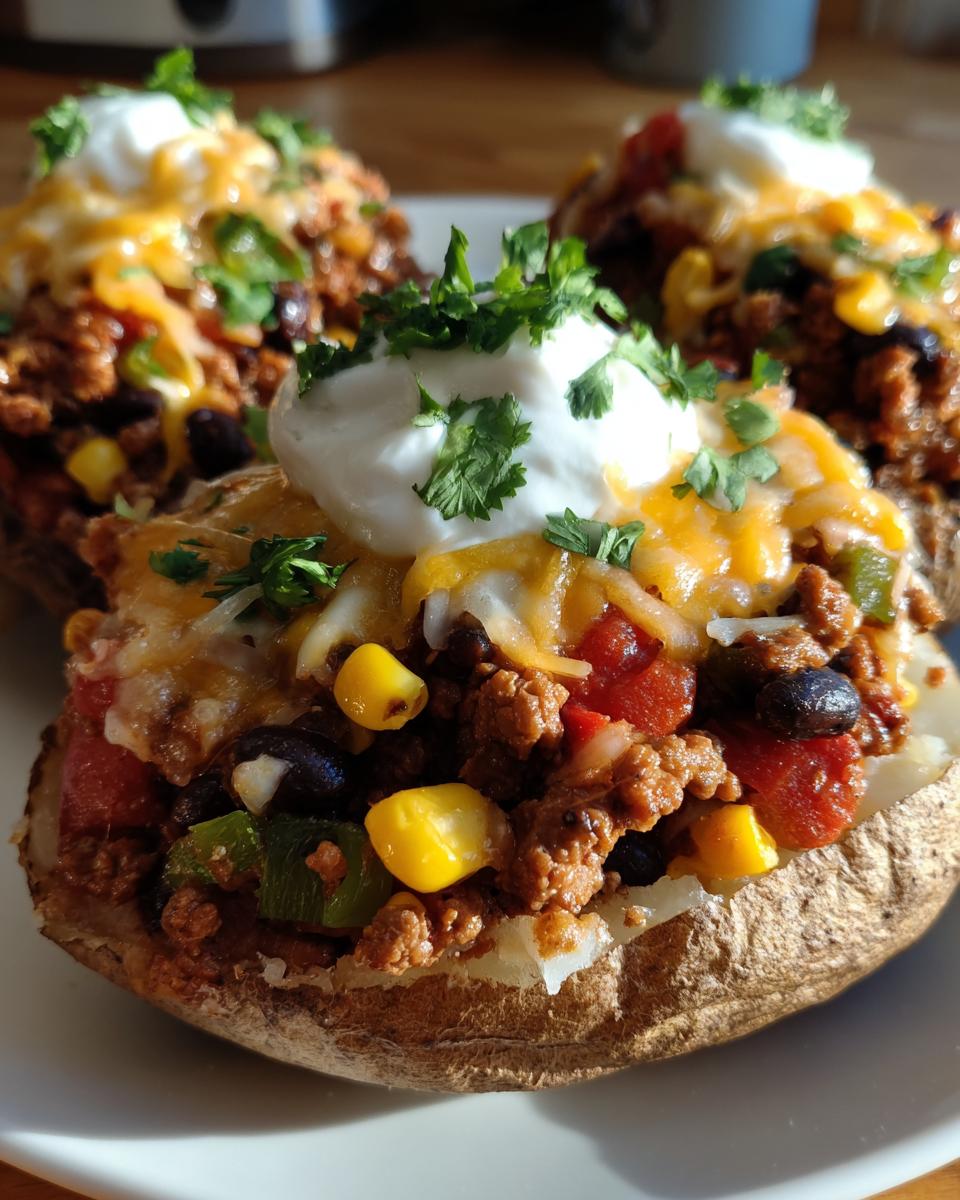 Close-up of Southwestern Loaded Baked Potatoes topped with ground meat, black beans, corn, cheese, sour cream, and cilantro.