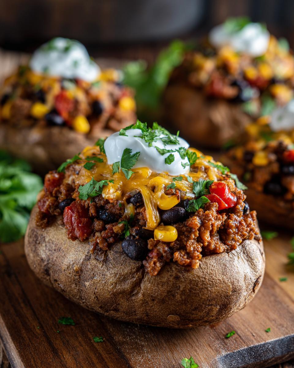 Close-up of a Southwestern Loaded Baked Potato topped with chili, cheese, sour cream, and cilantro.