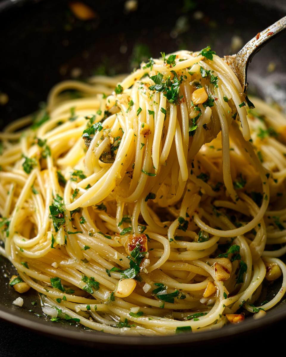 A fork lifting a portion of Spaghetti Aglio e Olio, showing strands coated in garlic, olive oil, and fresh parsley.