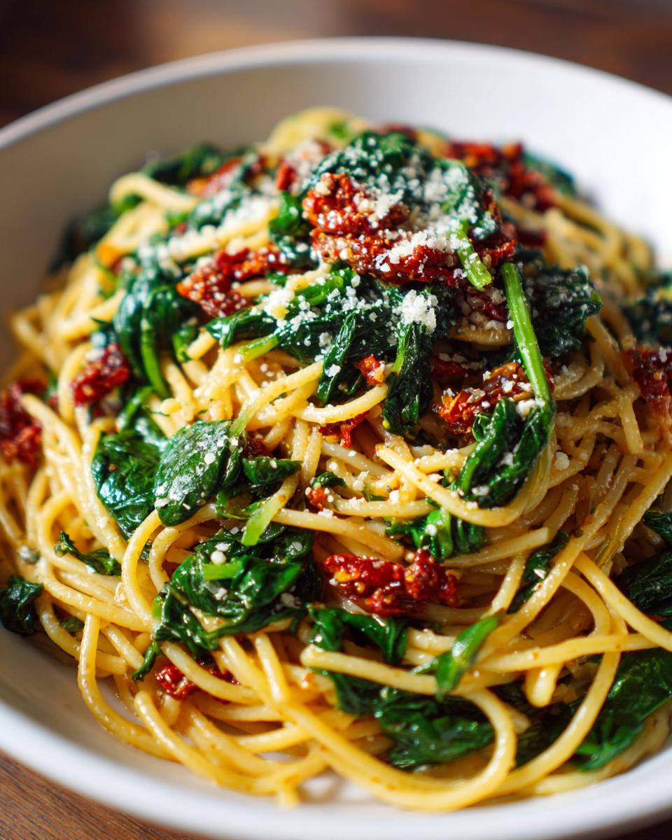 A close-up of Spaghetti Spinach With Sun Dried Tomatoes, topped with grated cheese.