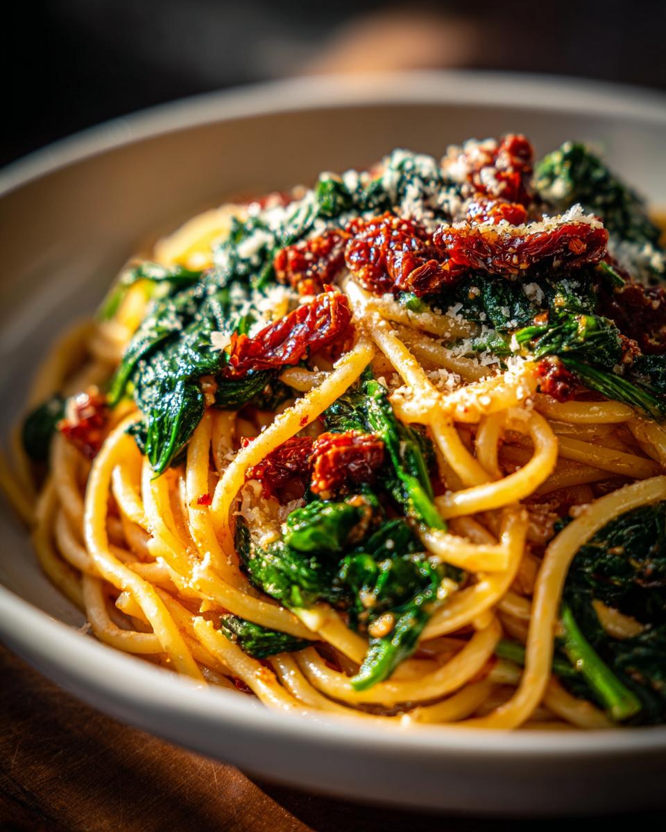 A close-up of Spaghetti Spinach With Sun Dried Tomatoes, topped with grated cheese.