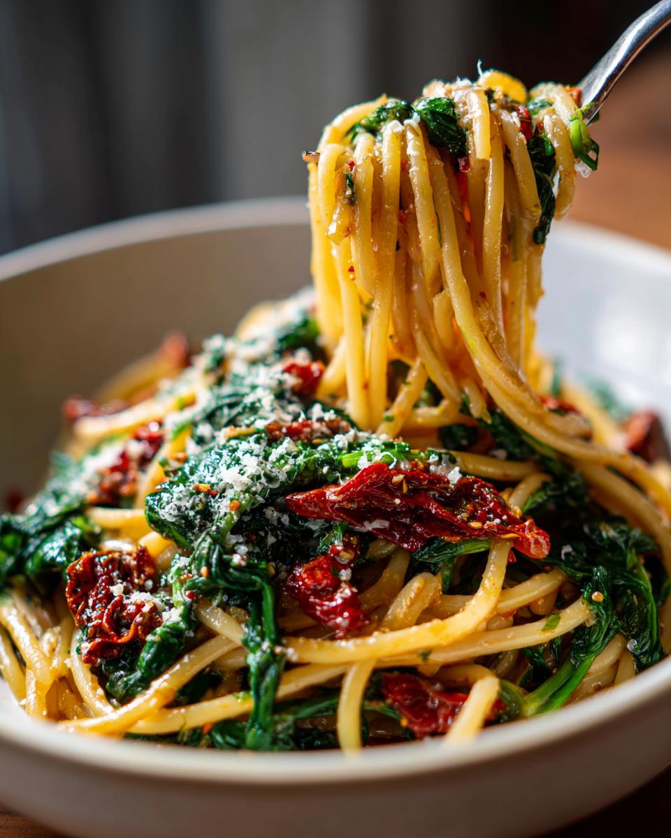 A fork lifts a portion of Spaghetti Spinach With Sun Dried Tomatoes from a white bowl, sprinkled with Parmesan cheese.