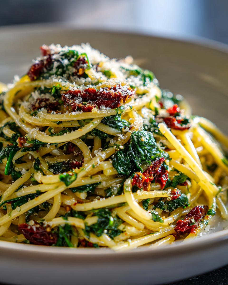 Close-up of Spaghetti Spinach With Sun Dried Tomatoes, garnished with grated cheese.