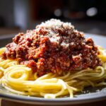 A close-up of spaghetti with a generous portion of rich meat sauce and grated Parmesan cheese.