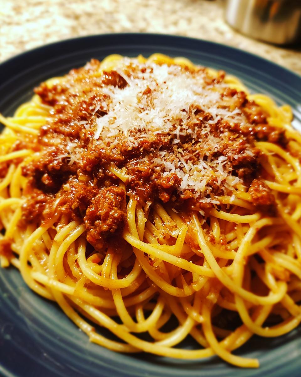 A close-up view of a plate of spaghetti with rich meat sauce and grated Parmesan cheese.
