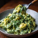 A close-up of creamy Spinach Artichoke Pasta with artichoke hearts and fresh dill, served in a bowl.