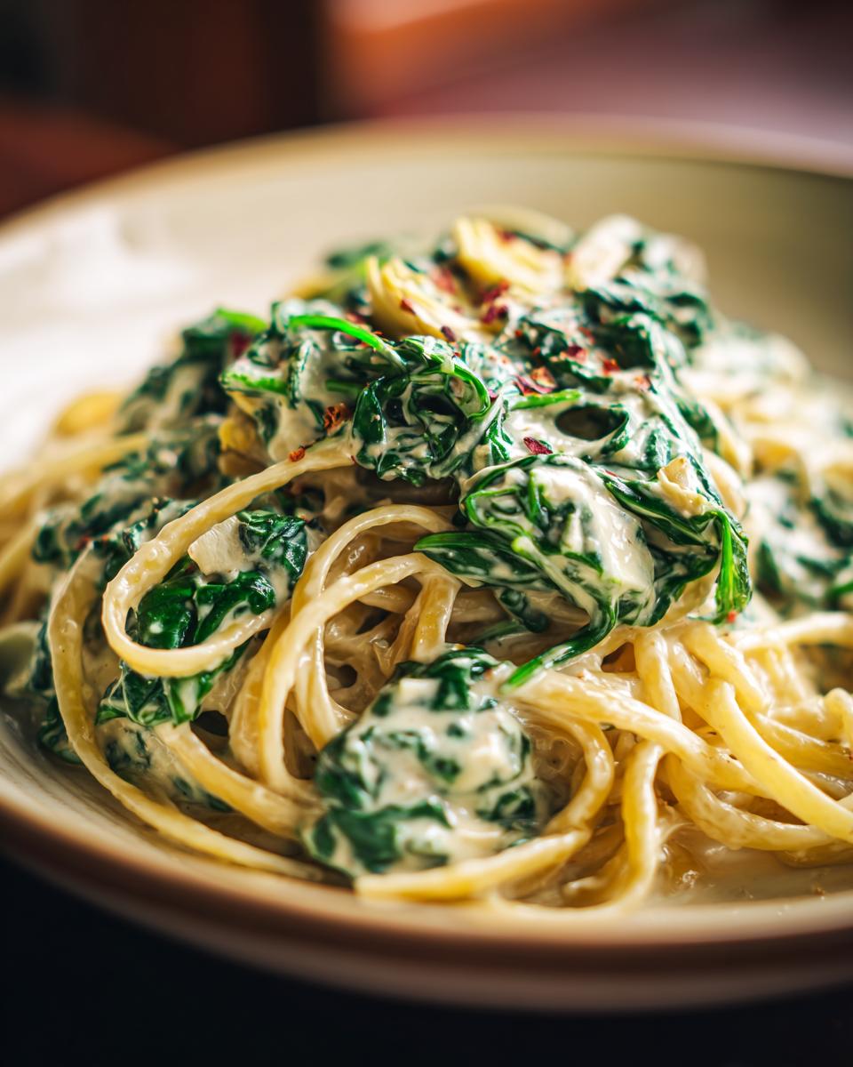 Close-up of a bowl of creamy Spinach Artichoke Pasta, featuring spaghetti noodles coated in a rich sauce with wilted spinach and artichoke hearts.
