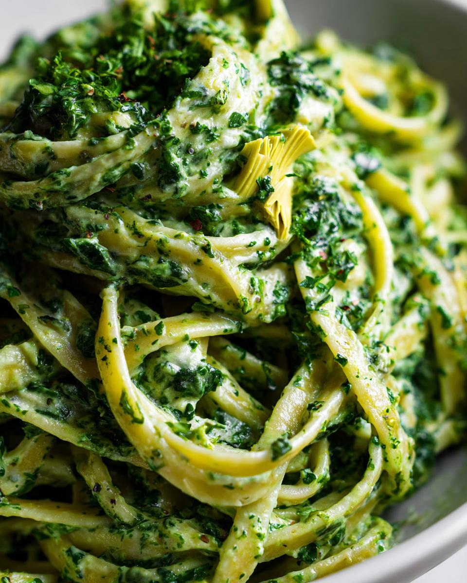 Close-up of creamy Spinach Artichoke Pasta with fettuccine noodles coated in a rich green sauce and topped with fresh herbs.
