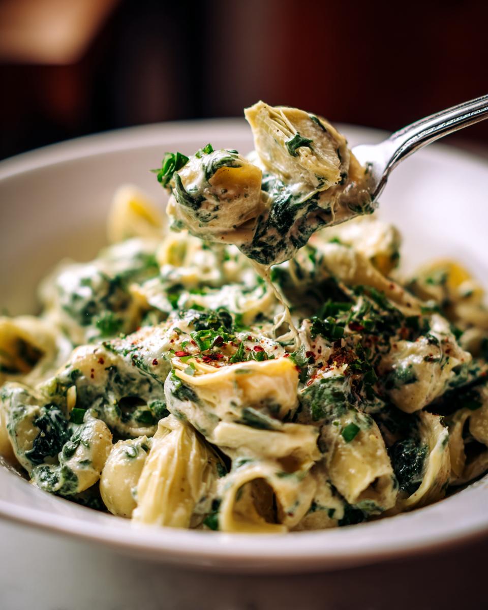 A fork lifts a portion of creamy Spinach Artichoke Pasta, showcasing tender pasta shells, wilted spinach, and artichoke hearts in a rich sauce.