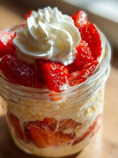 Close-up of delicious Strawberries Cream Overnight Oats layered with fresh strawberries and topped with whipped cream in a glass jar.