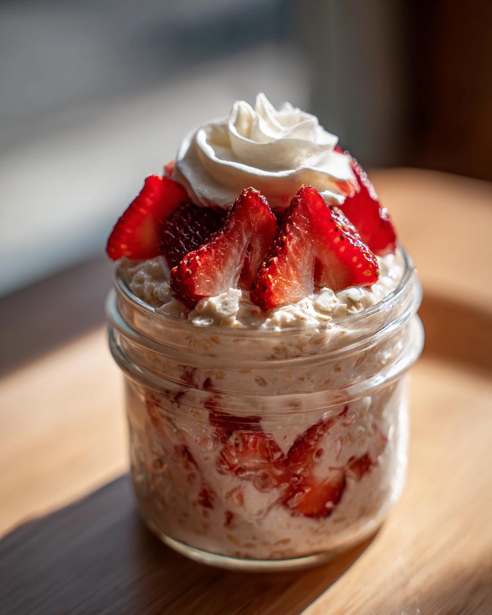 Close-up of delicious Strawberries Cream Overnight Oats in a mason jar, topped with fresh strawberries and whipped cream.