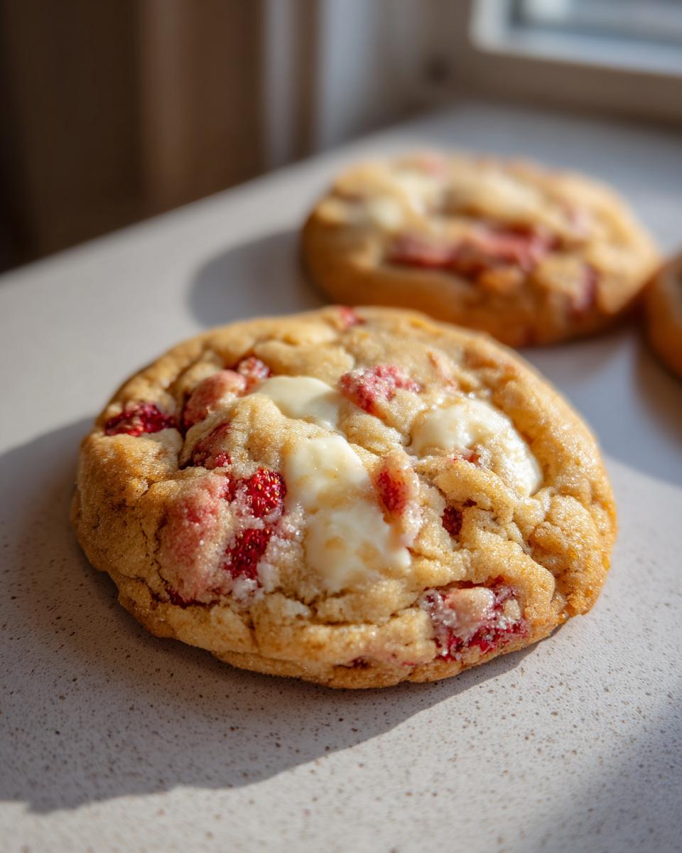 Close-up of a delicious Strawberry Cheesecake Cookie with chunks of strawberry and white chocolate.